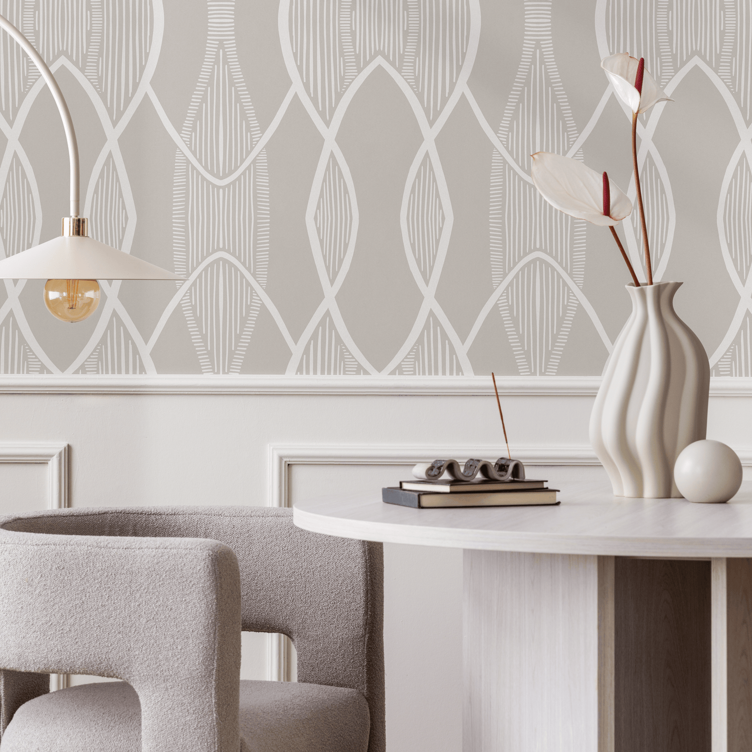 Geometric Wallpaper with a Hand-Drawn Arched Lattice in Greige and White - C892