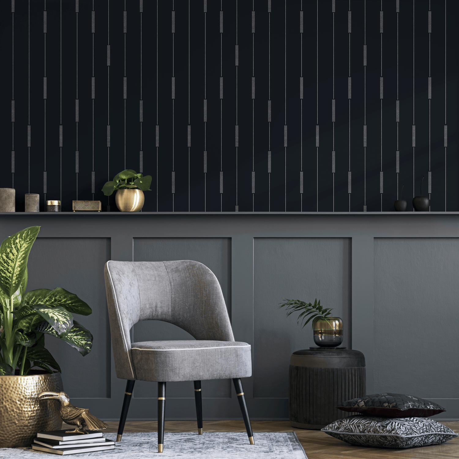 Striped Wallpaper with a Dashed Line Motif in Black and Gray - C893