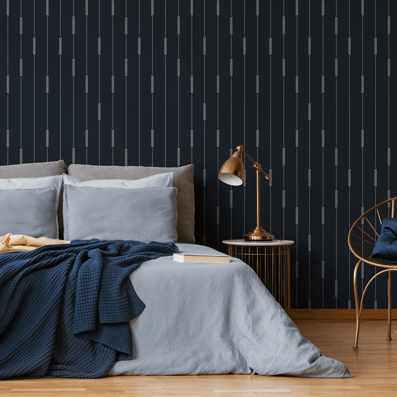 Striped Wallpaper with a Dashed Line Motif in Black and Gray - C893