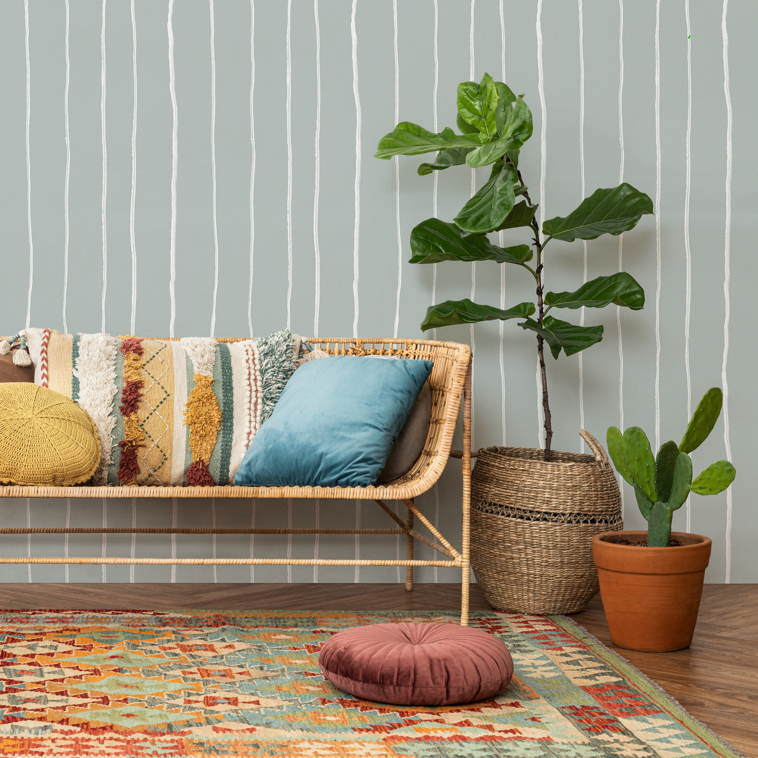 Striped Wallpaper with Hand-Drawn Lines in Mint Green and White - C897