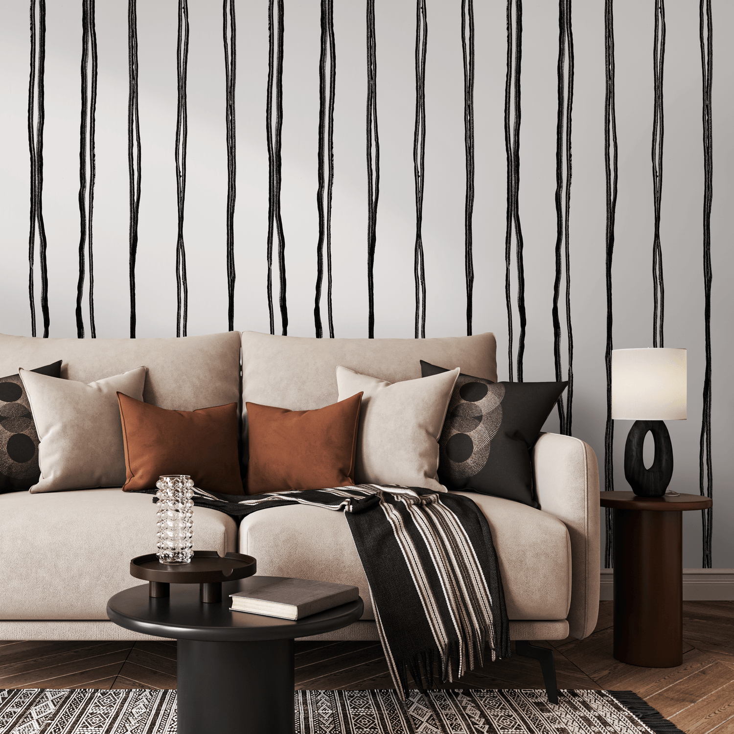 Striped Wallpaper with a Hand-Drawn Motif in Black and White - C898