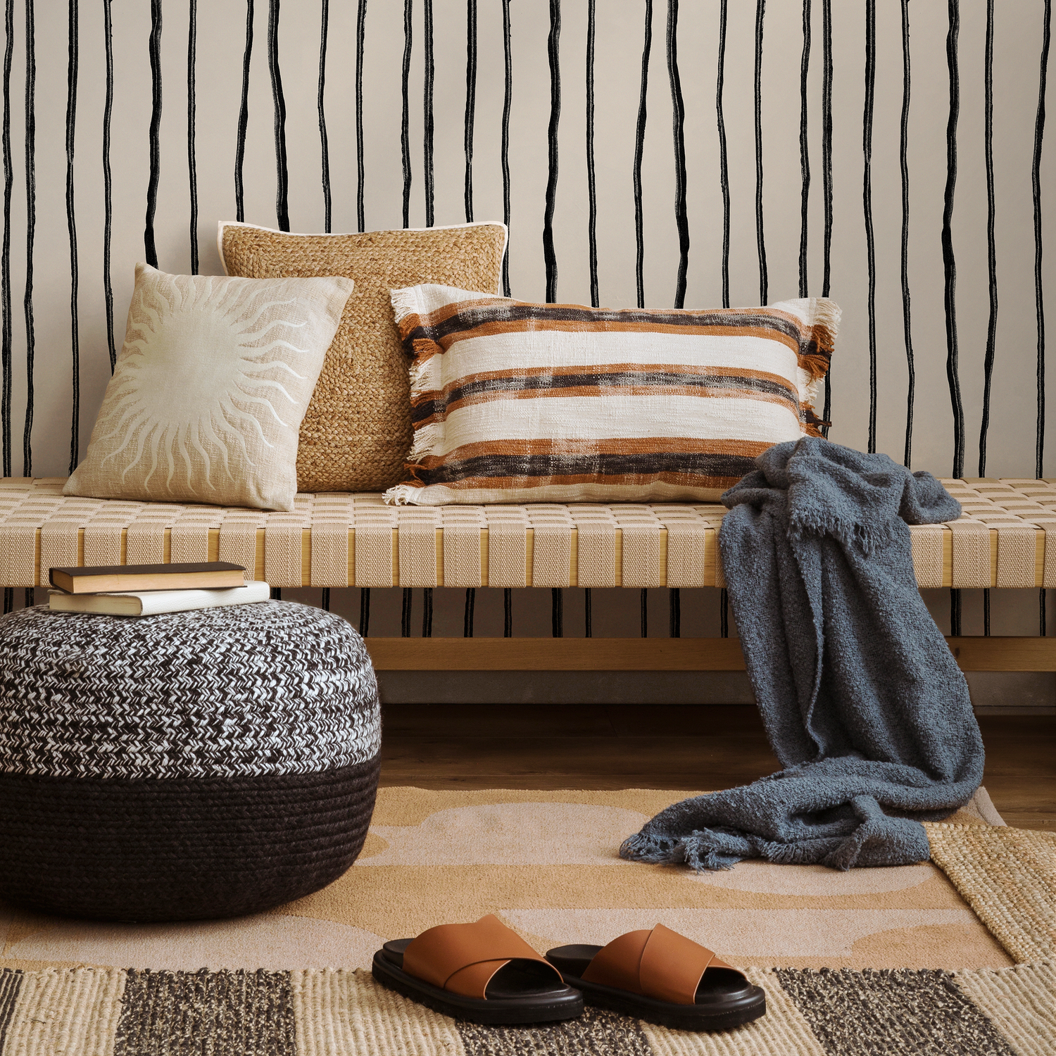 Striped Wallpaper with Irregular Hand-Drawn Lines in Black and Beige - C899