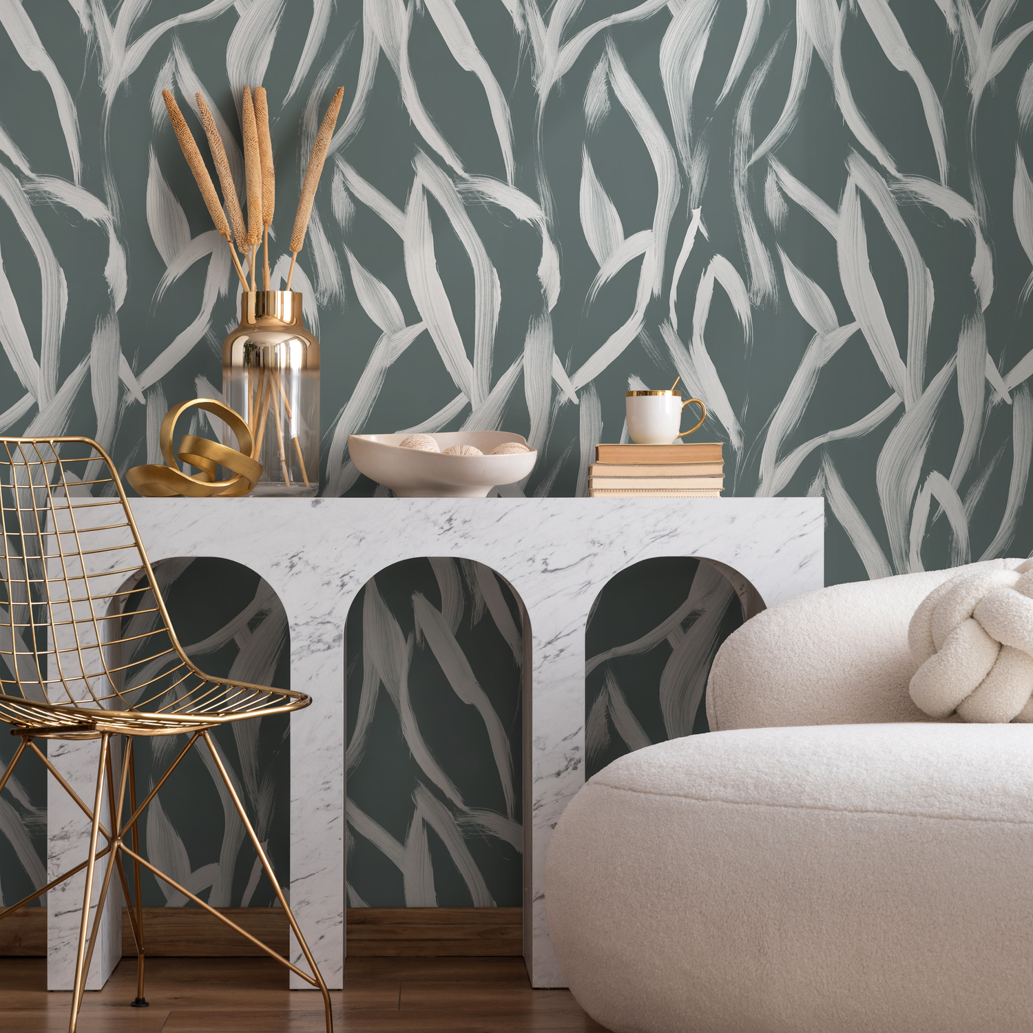 Abstract Wallpaper with a Flowing Brushstroke Motif in Dark Green and White - C901