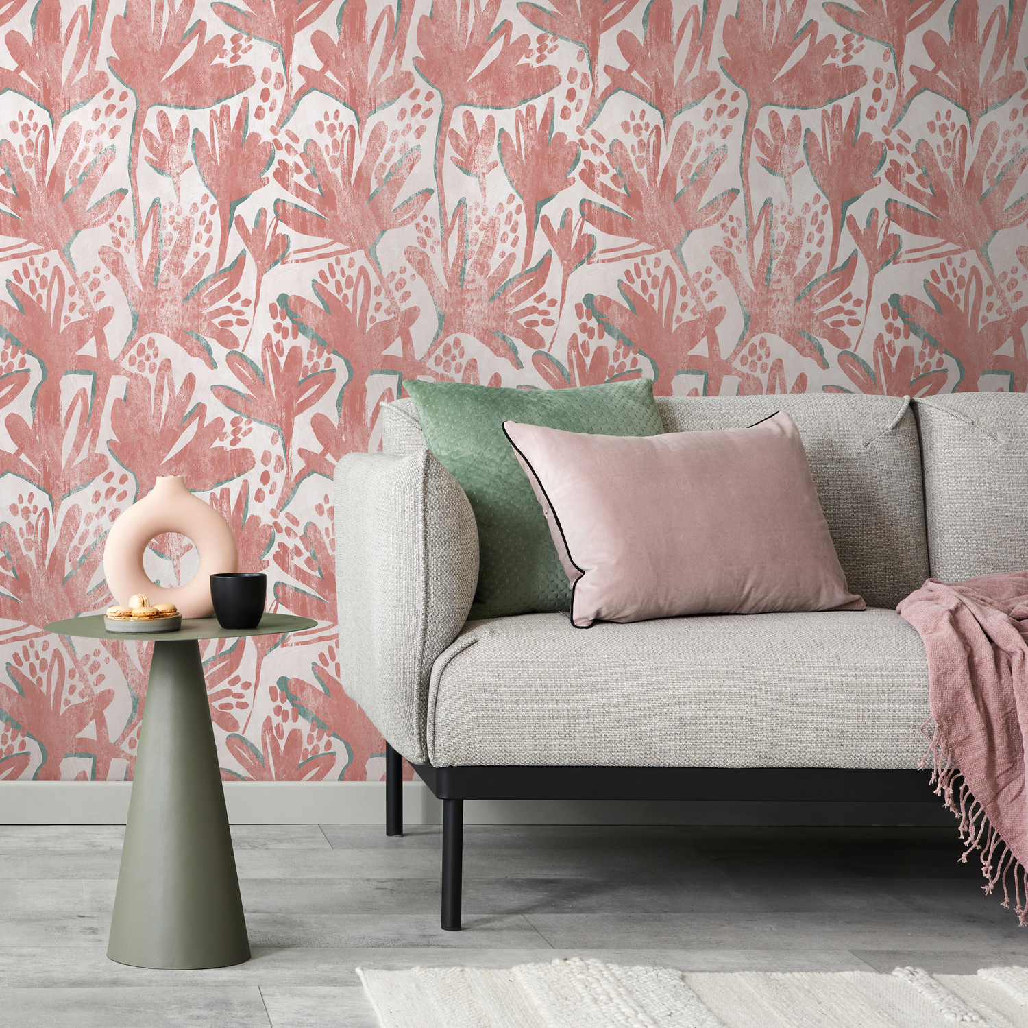 Floral Wallpaper with a Stylized Botanical Print in Pink and Teal - C902