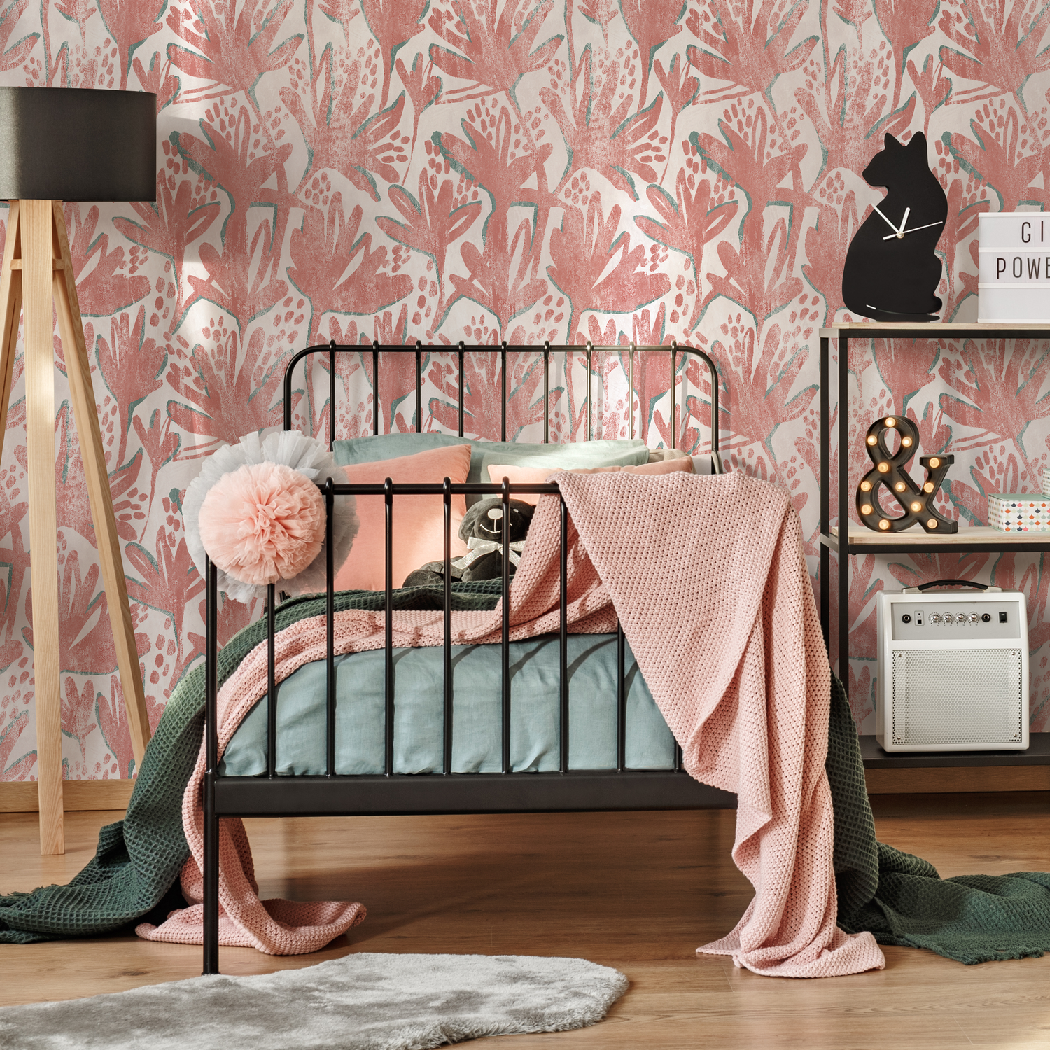 Floral Wallpaper with a Stylized Botanical Print in Pink and Teal - C902