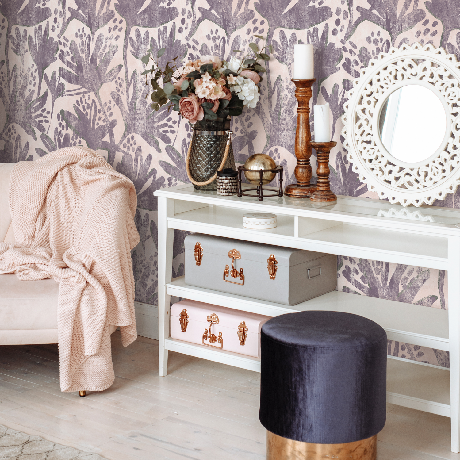 Floral Wallpaper with a Distressed Botanical Print in Purple and Pink - C903