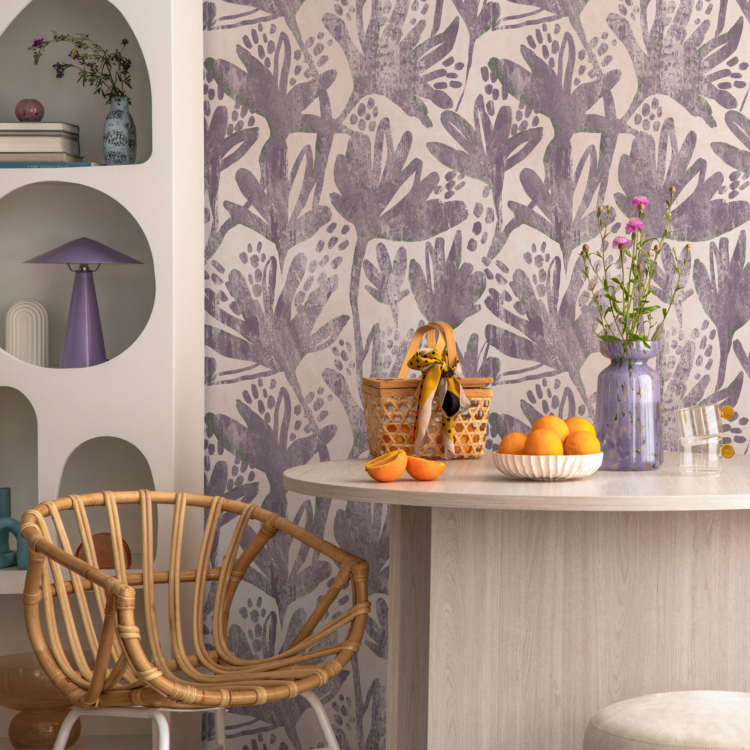 Floral Wallpaper with a Distressed Botanical Print in Purple and Pink - C903