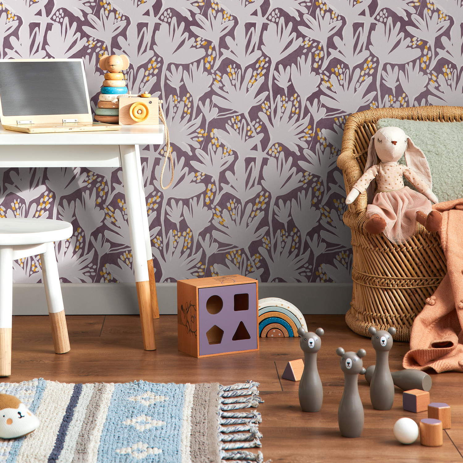 Abstract Wallpaper with a Stylized Floral Motif in Purple, Gray, and Yellow - C904