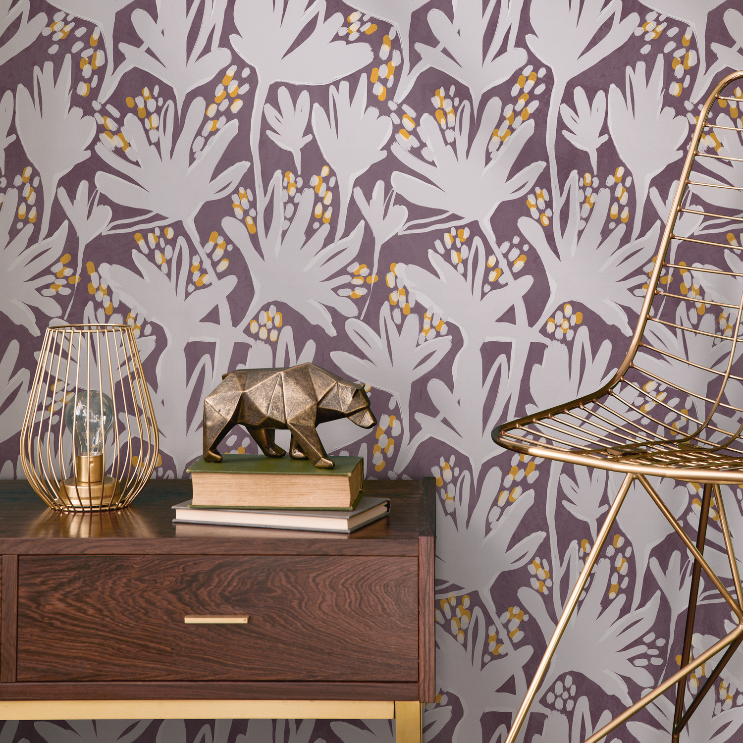 Abstract Wallpaper with a Stylized Floral Motif in Purple, Gray, and Yellow - C904