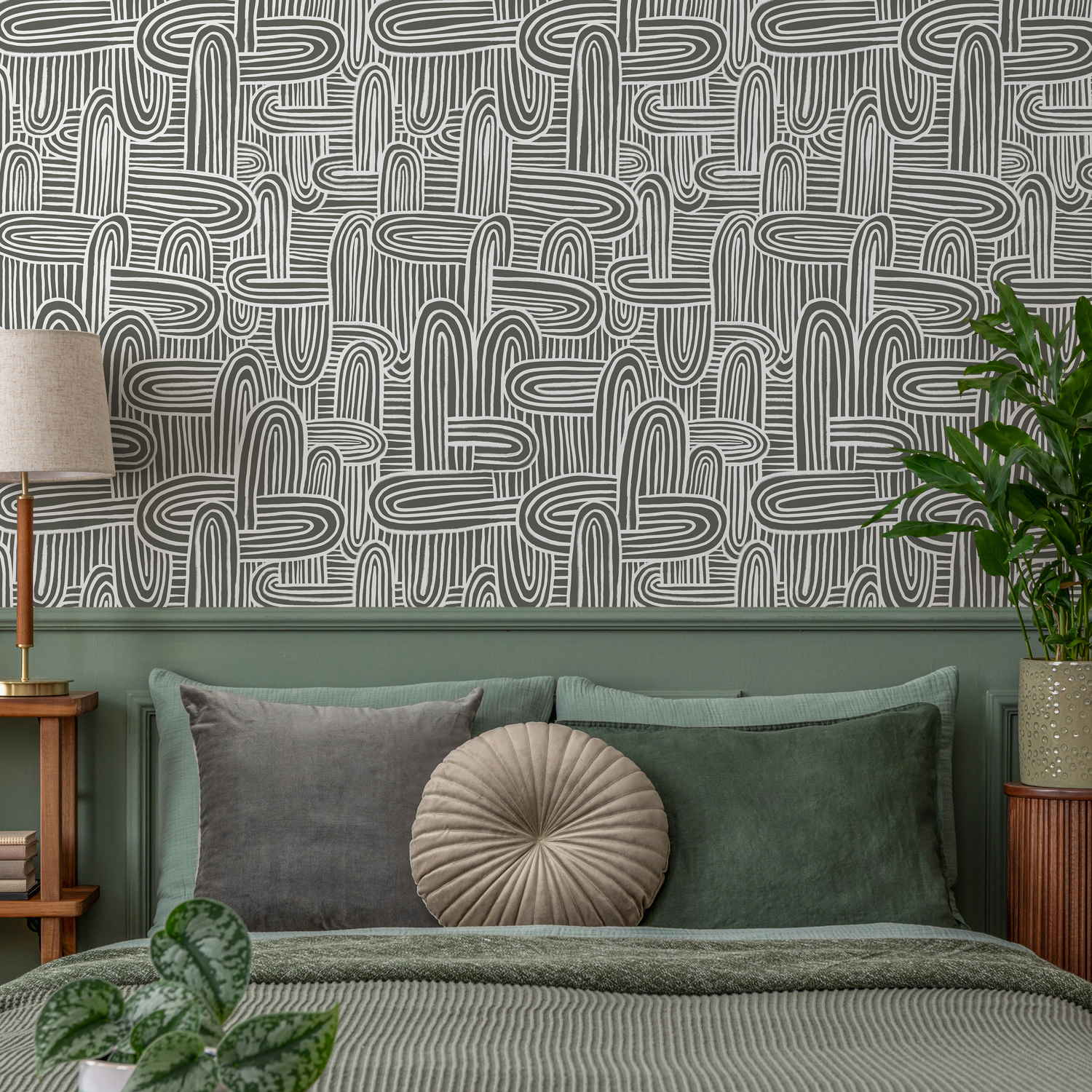 Abstract Wallpaper with Hand-Drawn Organic Lines in Gray Green and White - C905