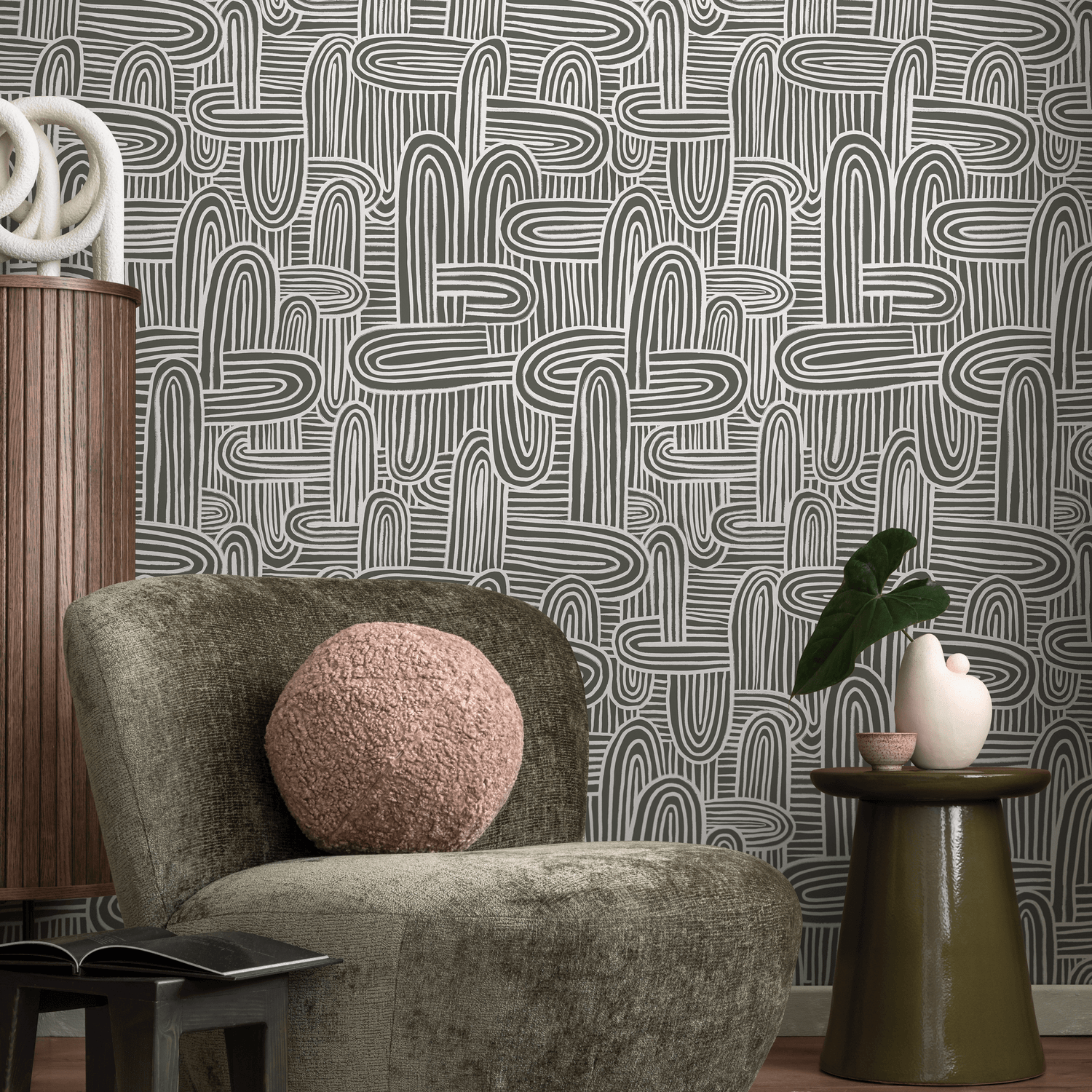Abstract Wallpaper with Hand-Drawn Organic Lines in Gray Green and White - C905