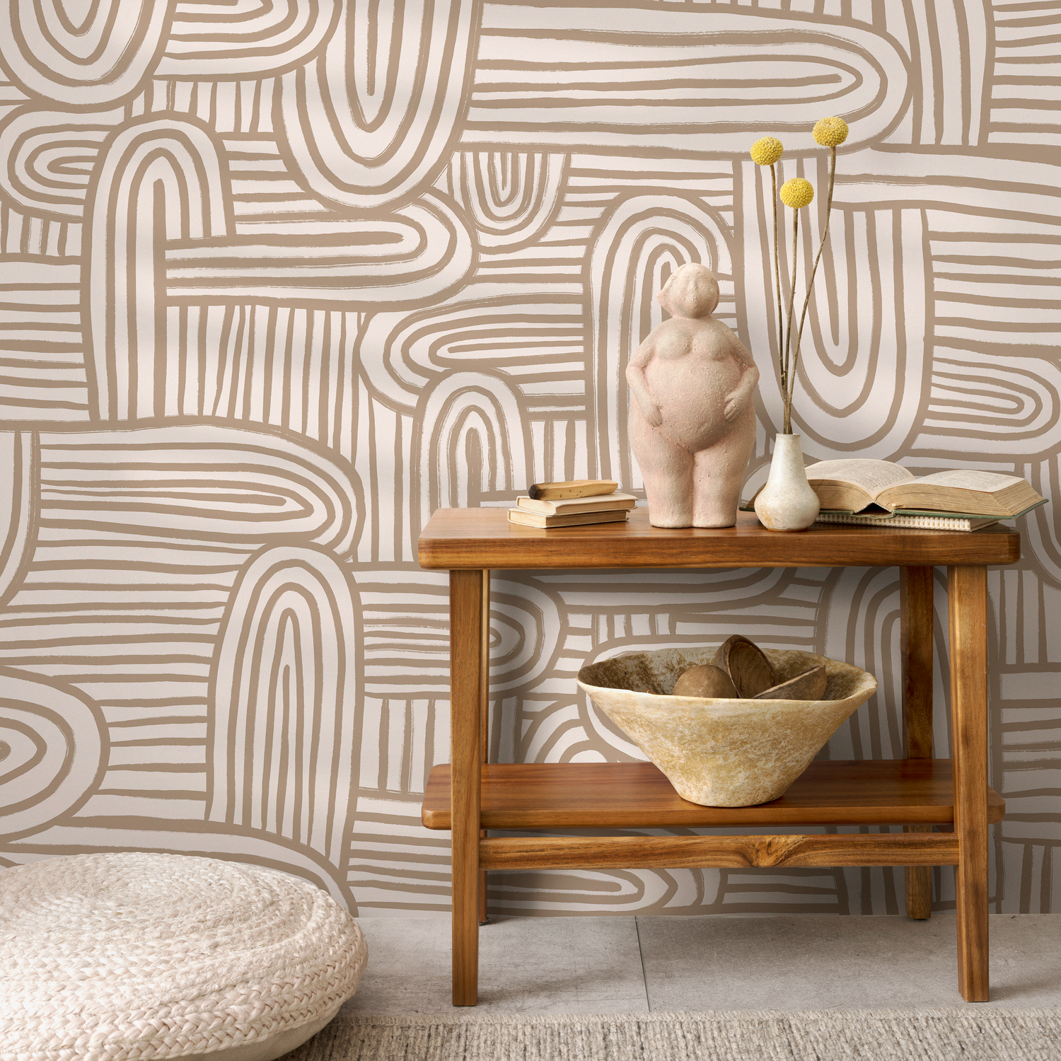 Abstract Wallpaper with Organic Brush Stroke Arches in Beige and Cream - C908