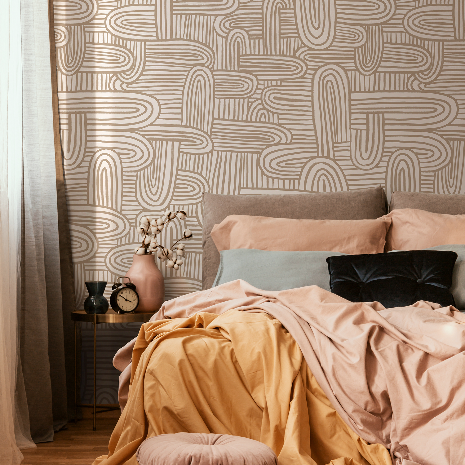Abstract Wallpaper with Organic Brush Stroke Arches in Beige and Cream - C908