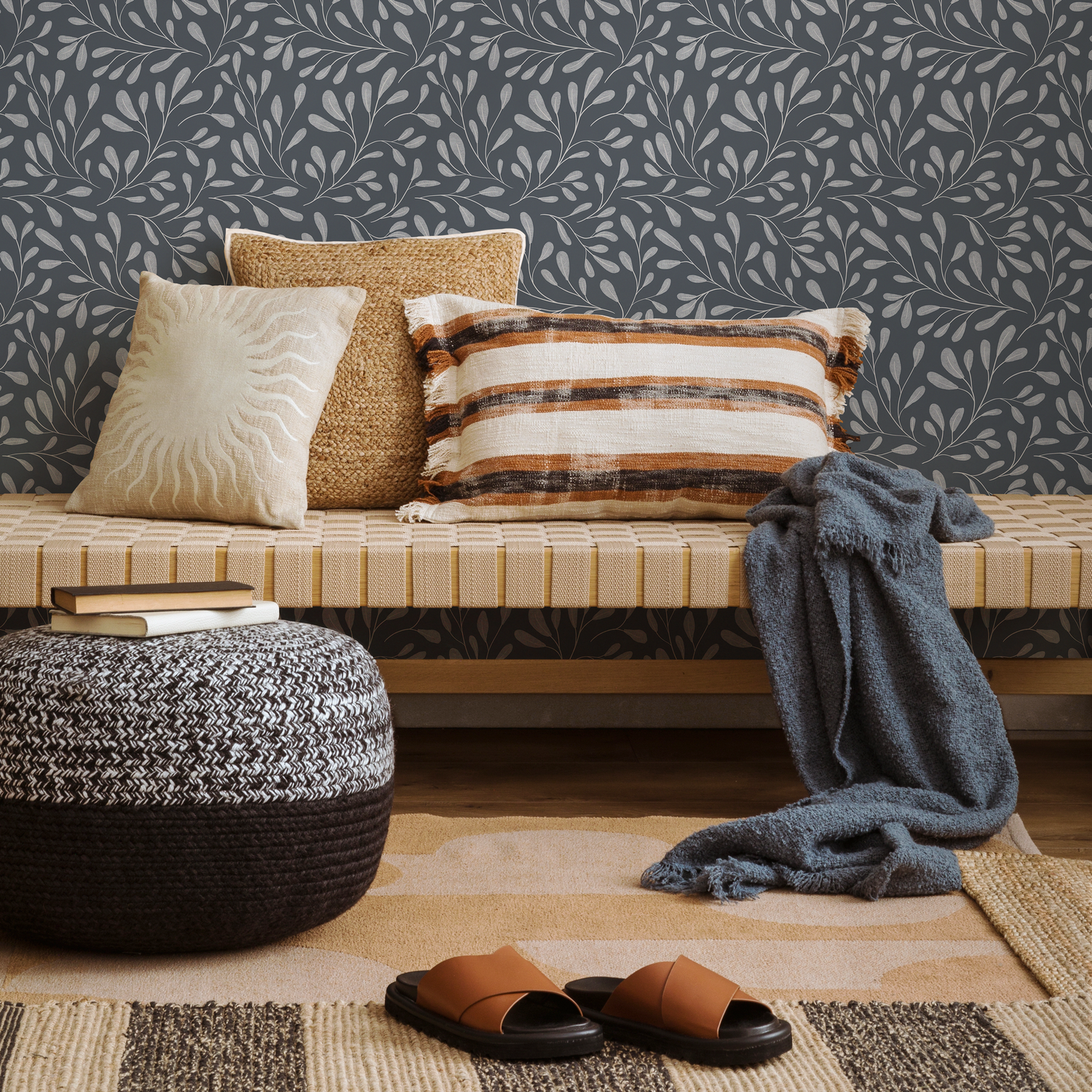 Botanical Wallpaper with a Delicate Vine Motif in Charcoal and Light Gray - C909