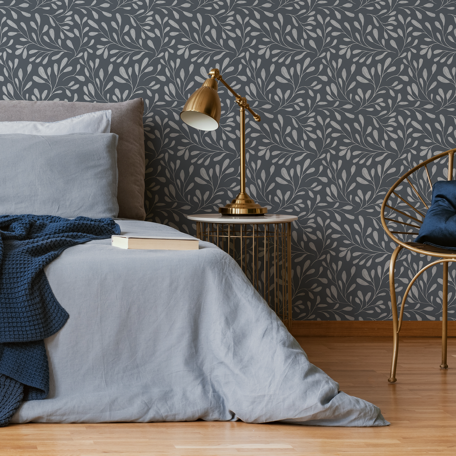 Botanical Wallpaper with a Delicate Vine Motif in Charcoal and Light Gray - C909