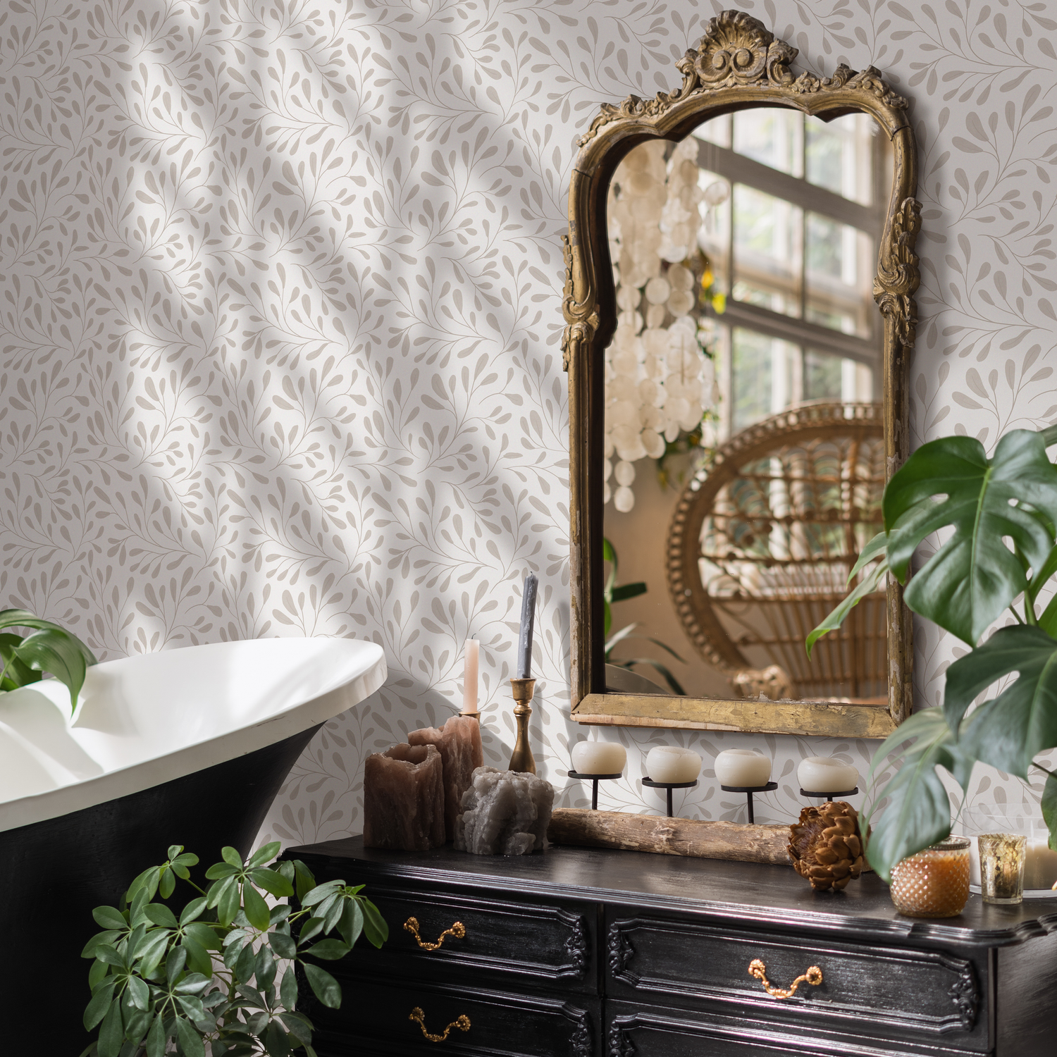 Leaf Wallpaper with a Delicate Vine Motif in Beige - C911