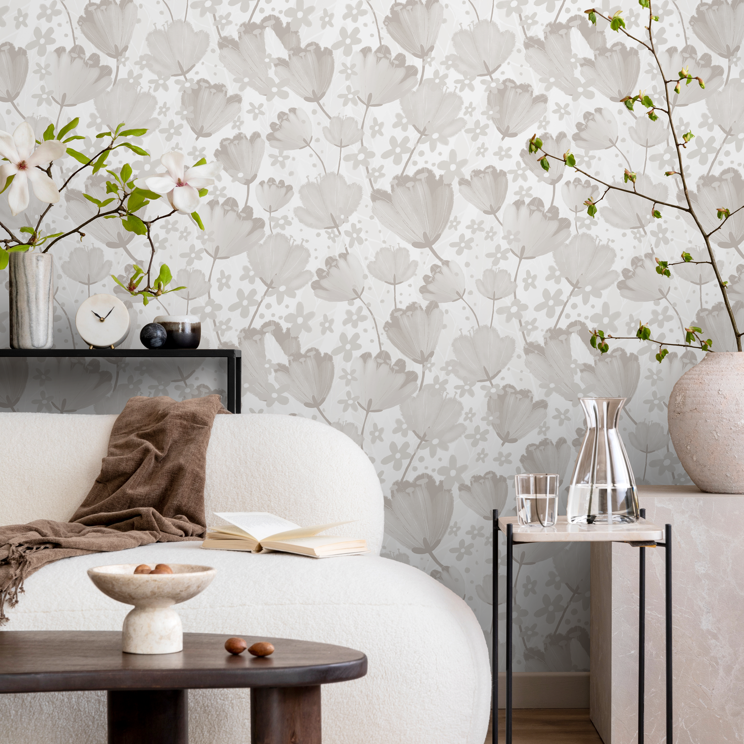 Minimalist Floral Wallpaper with Painted Tulips in Beige and Gray - C912