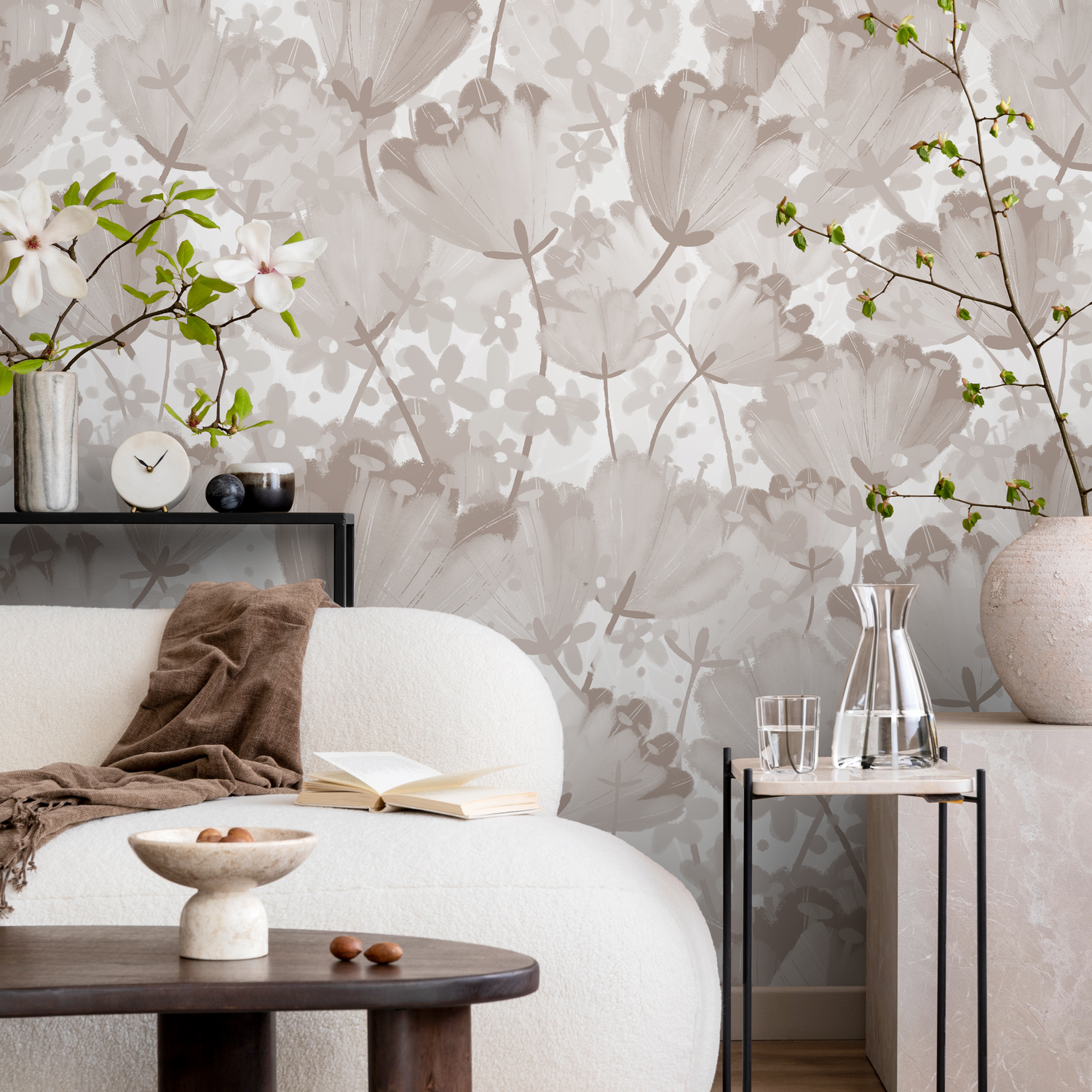 Floral Wallpaper with a Soft Painted Tulip Motif in Beige and Taupe - C913