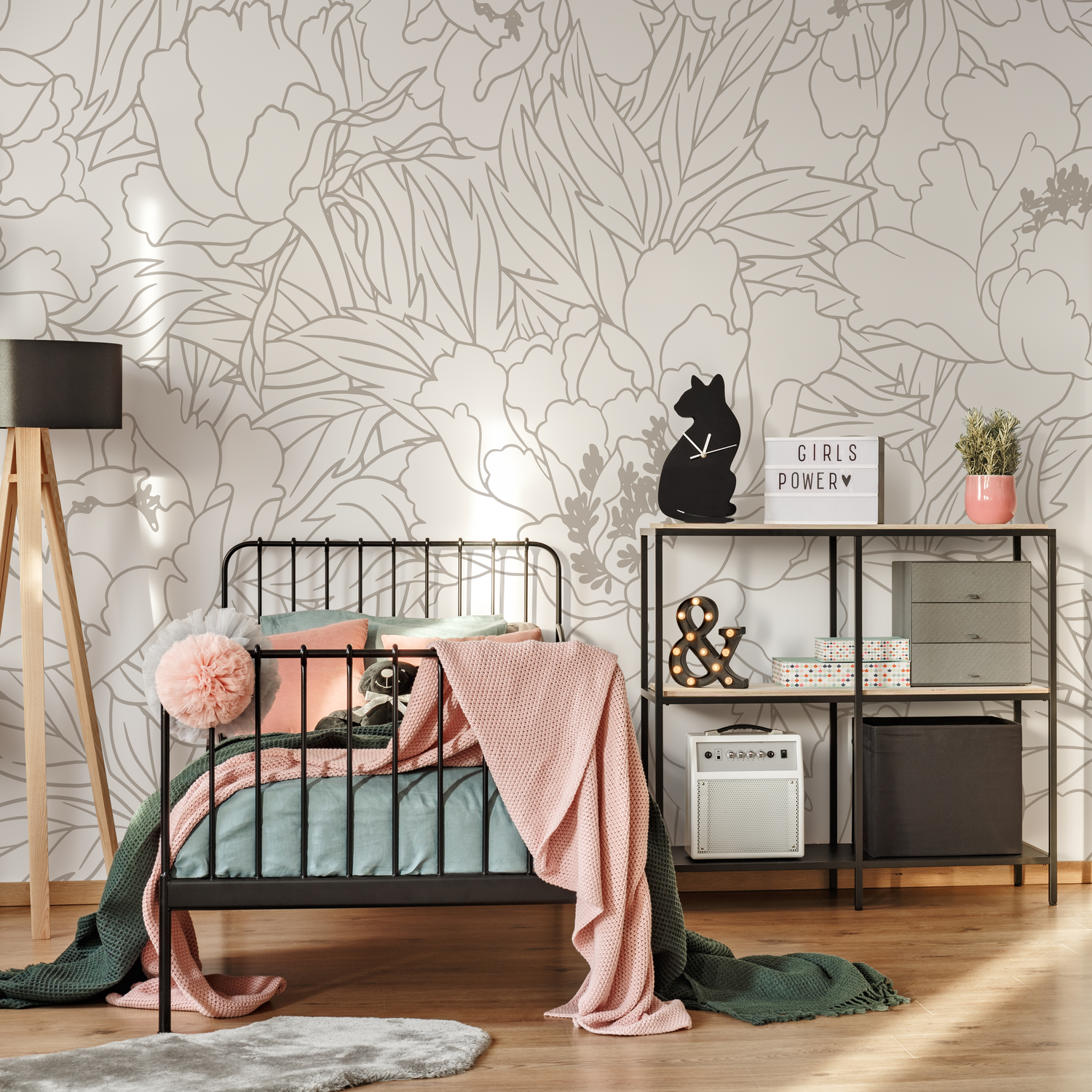 Papier peint neutre à grandes fleurs / Papier peint autocollant amovible Décoration d'intérieur Art mural Décoration murale Décoration de chambre - C920