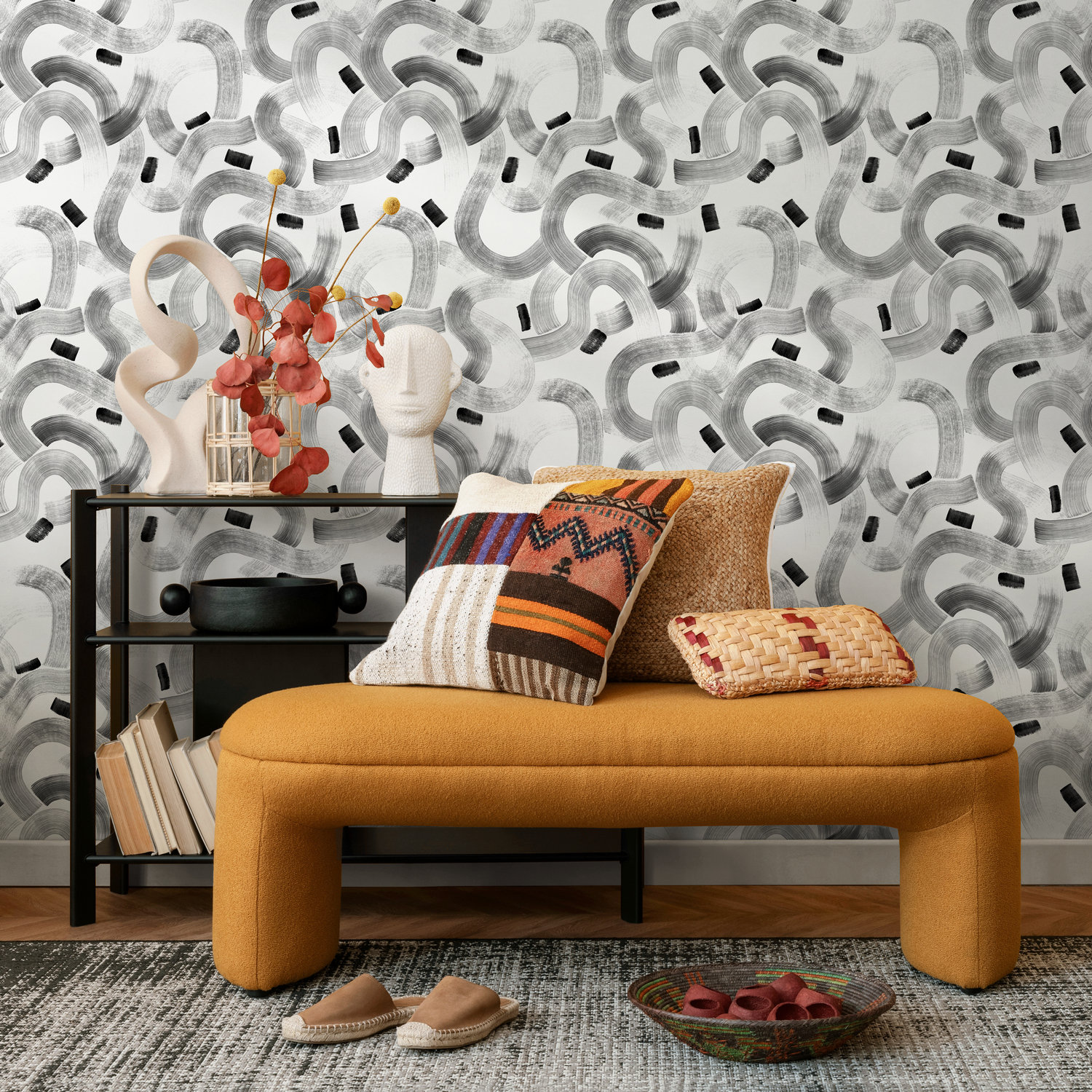 Abstract Wallpaper with Meandering Brush Strokes in Black and Gray - C921