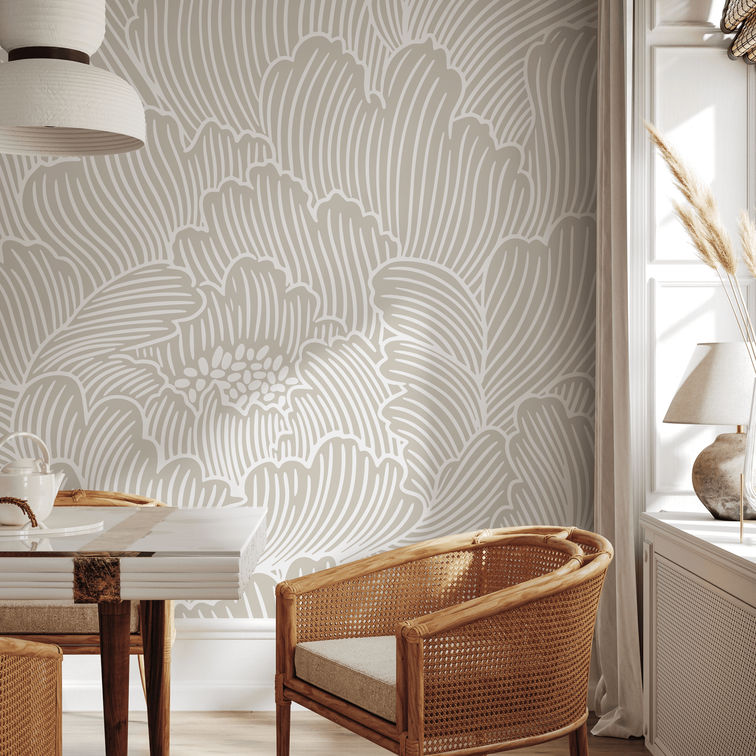 Floral Wallpaper with a Large Peony Line Art Motif in Beige and White - C922
