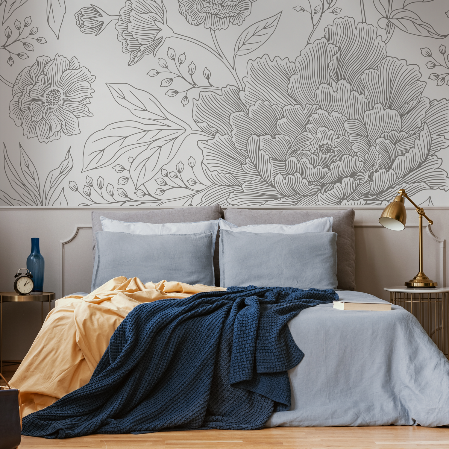 Floral Wallpaper Featuring a Large Scale Peony Illustration in Gray - C924