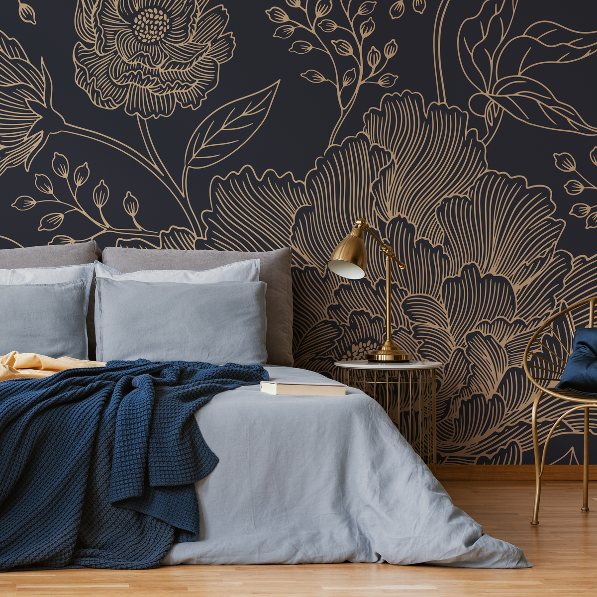 Black and Gold Large Floral Wallpaper / Peel and Stick Wallpaper Removable Wallpaper Home Decor Wall Art Wall Decor Room Decor - C925 - ONDECOR.COM