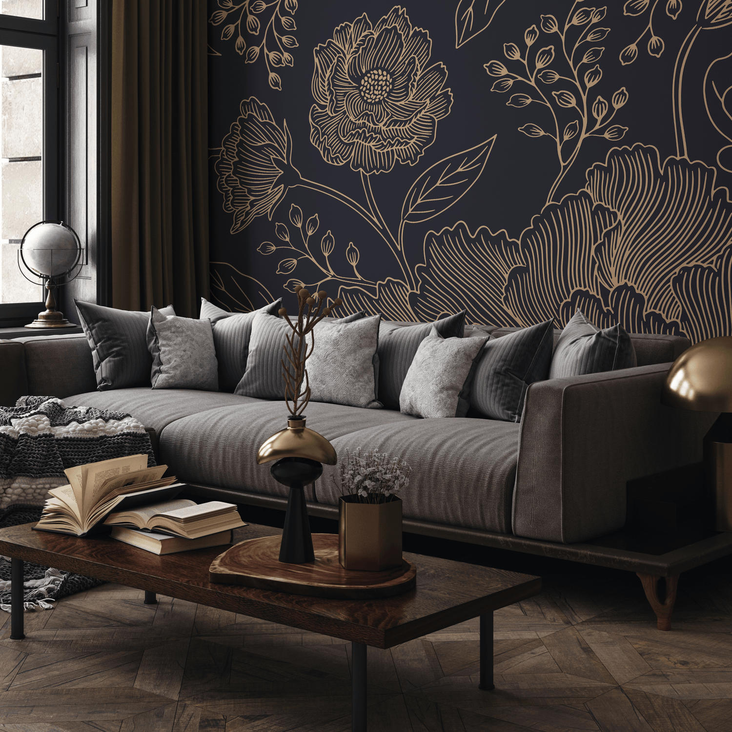 Black and Gold Large Floral Wallpaper / Peel and Stick Wallpaper Removable Wallpaper Home Decor Wall Art Wall Decor Room Decor - C925 - ONDECOR.COM