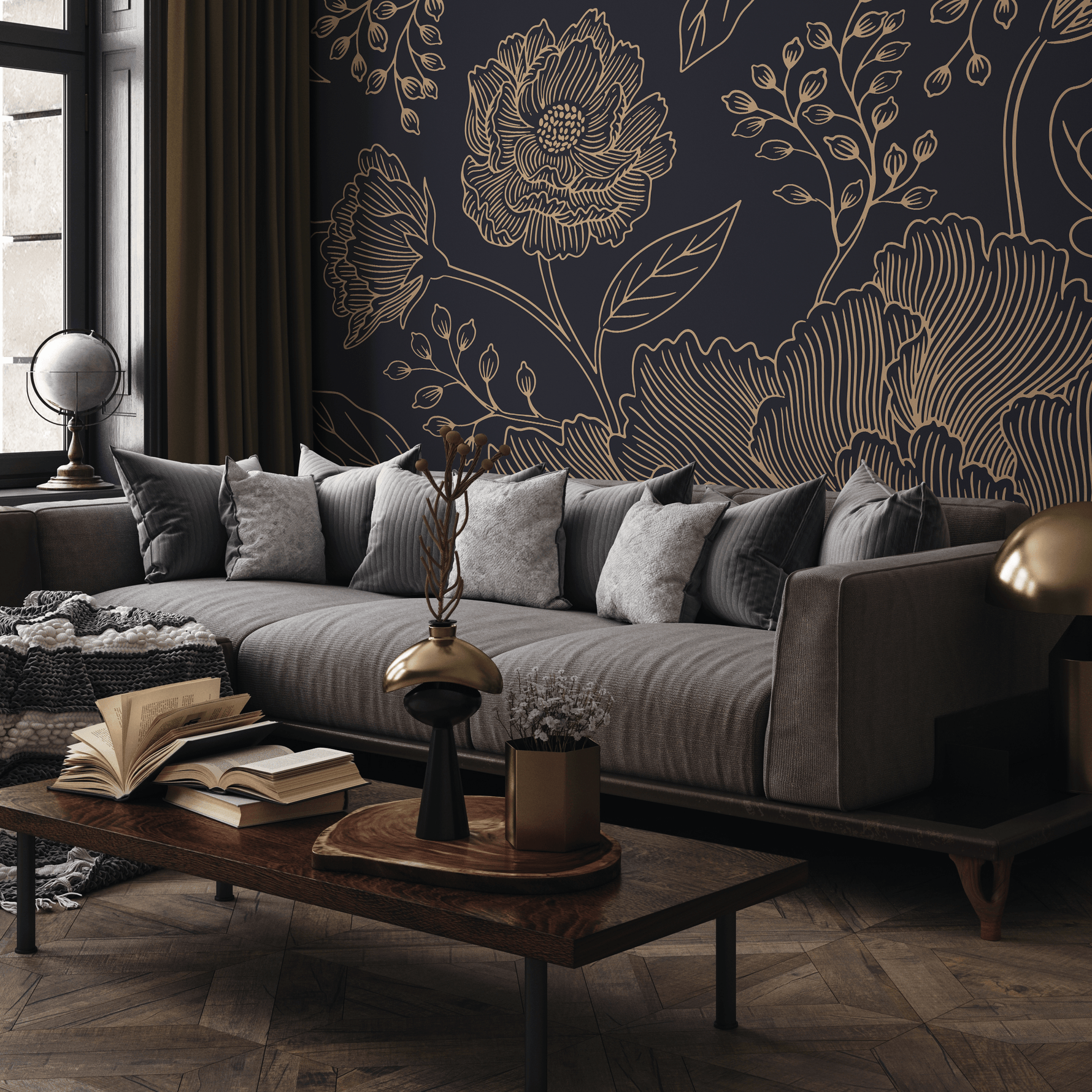 Black and Gold Large Floral Wallpaper / Peel and Stick Wallpaper Removable Wallpaper Home Decor Wall Art Wall Decor Room Decor - C925 - ONDECOR.COM
