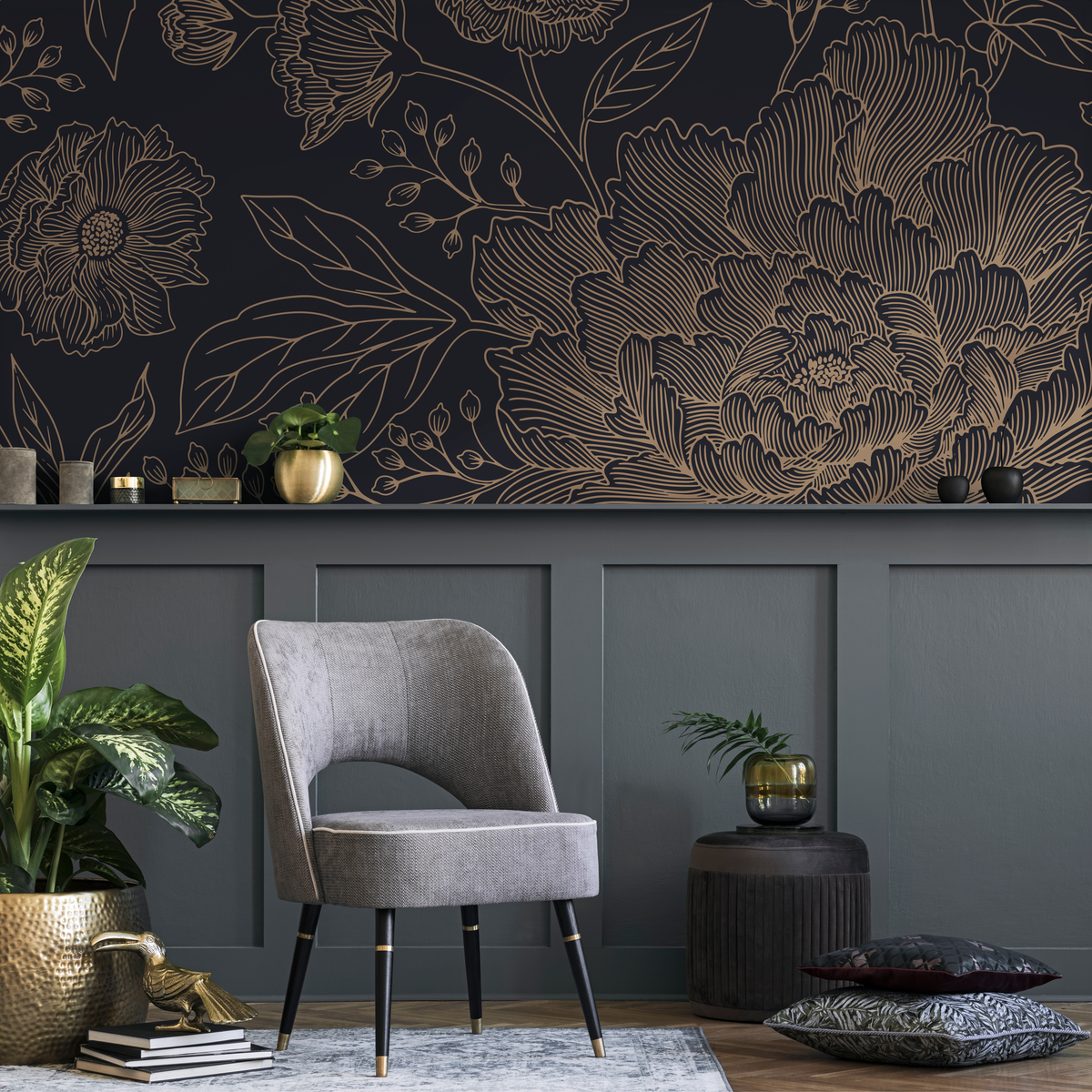 Black and Gold Large Floral Wallpaper / Peel and Stick Wallpaper Removable Wallpaper Home Decor Wall Art Wall Decor Room Decor - C925 - ONDECOR.COM