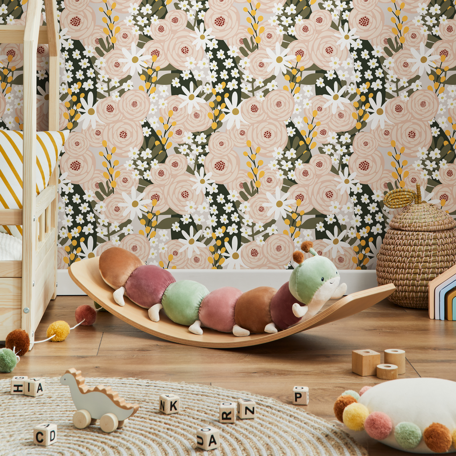 Floral Wallpaper with a Scandinavian Garden Motif in Pink, Green, and Yellow - C930