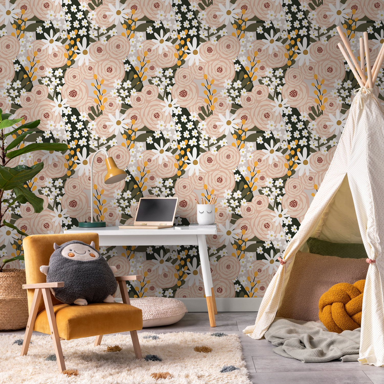 Floral Wallpaper with a Scandinavian Garden Motif in Pink, Green, and Yellow - C930