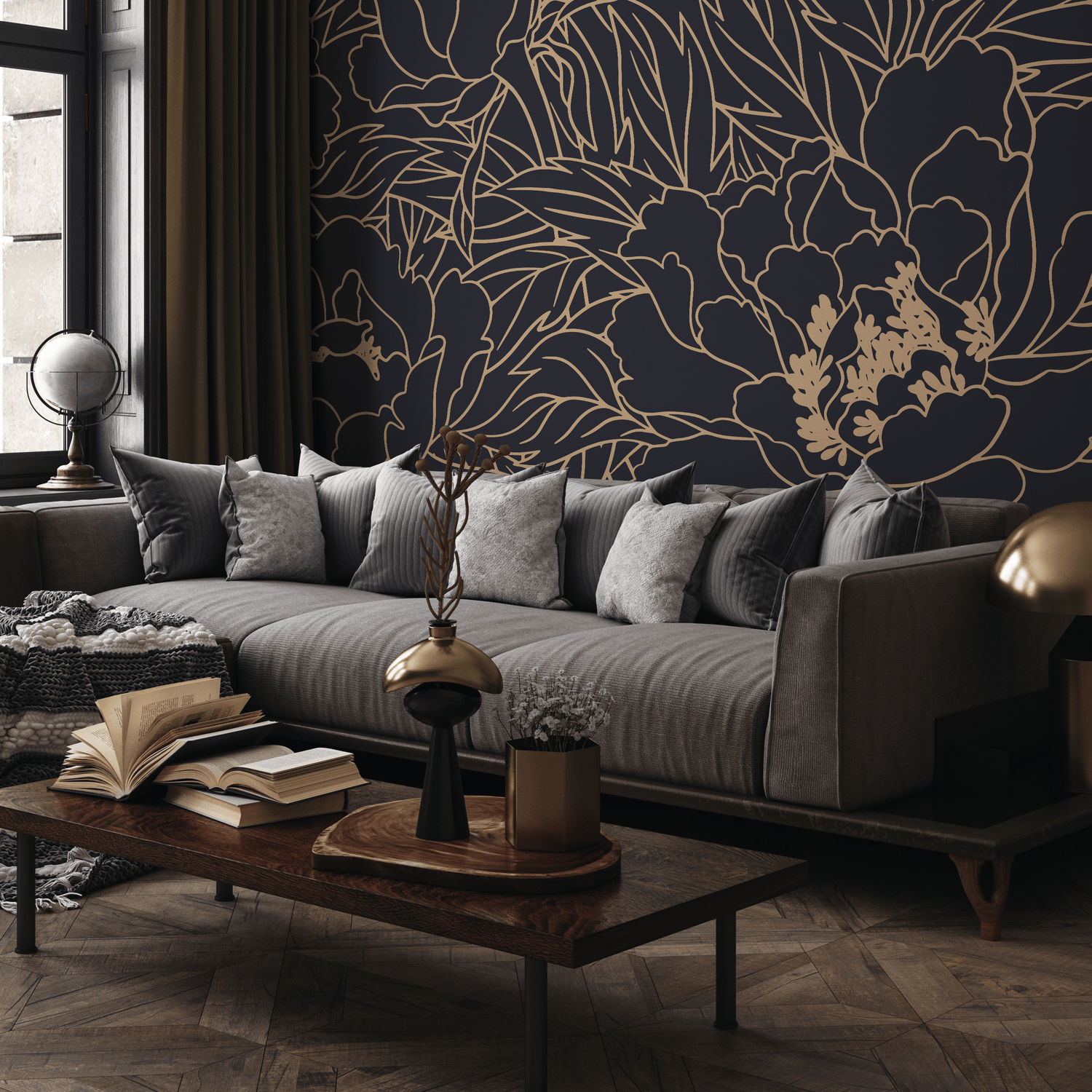 Floral Wallpaper with Elegant Line Art Peonies in Dark Blue and Gold - C932