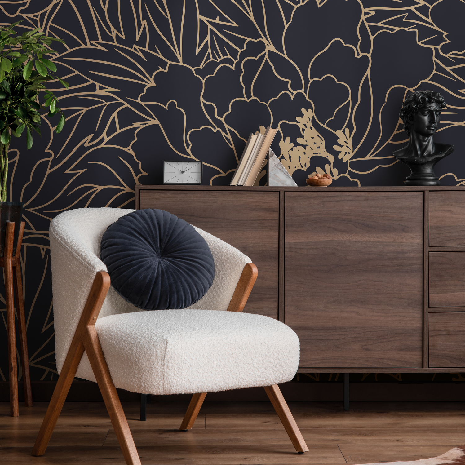 Floral Wallpaper with Elegant Line Art Peonies in Dark Blue and Gold - C932