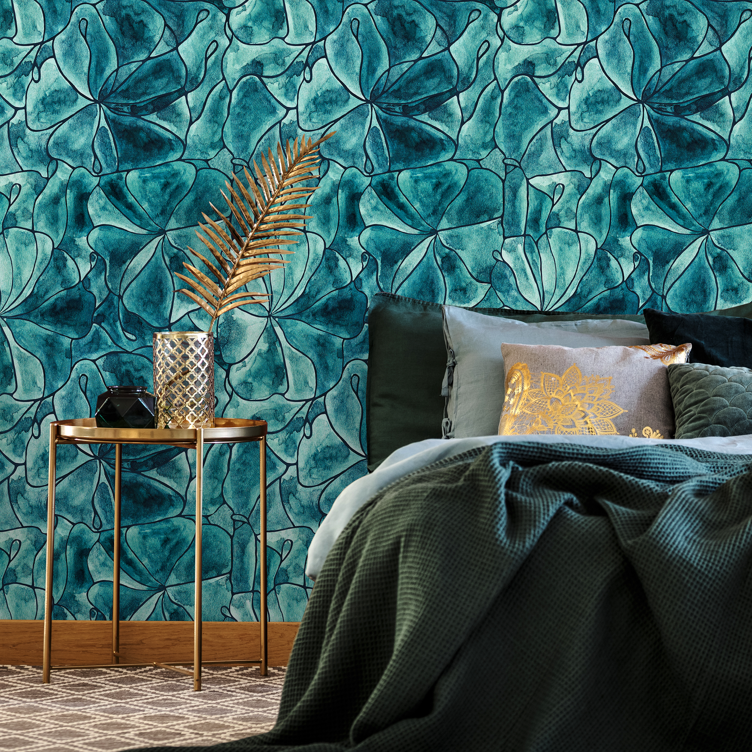 Abstract Floral Wallpaper with a Watercolor Style in Turquoise, Teal, and Black - C936