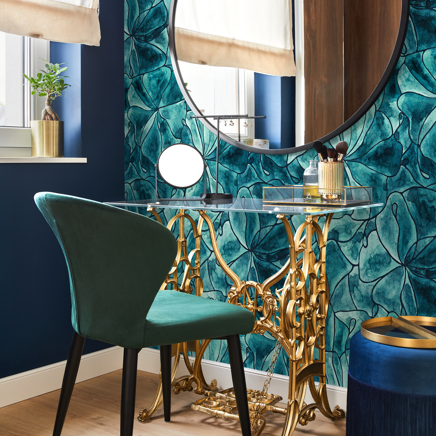 Abstract Floral Wallpaper with a Watercolor Style in Turquoise, Teal, and Black - C936