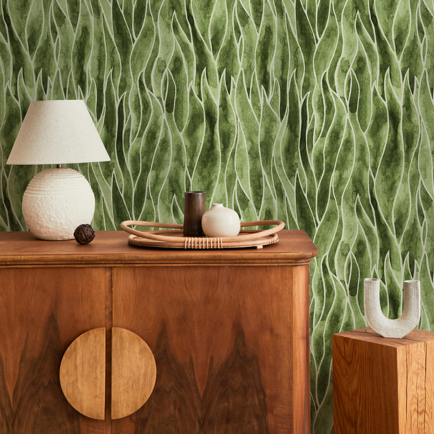 Papel pintado de hojas verdes abstractas / Papel pintado autoadhesivo extraíble, decoración del hogar, arte de pared, decoración de habitaciones - C938