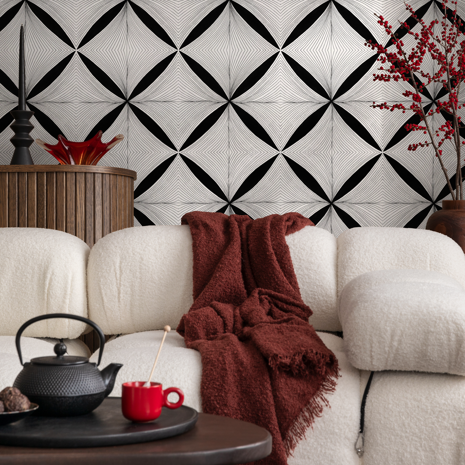 Geometric Wallpaper with a Fine Line Diamond Motif in Black and White - C939