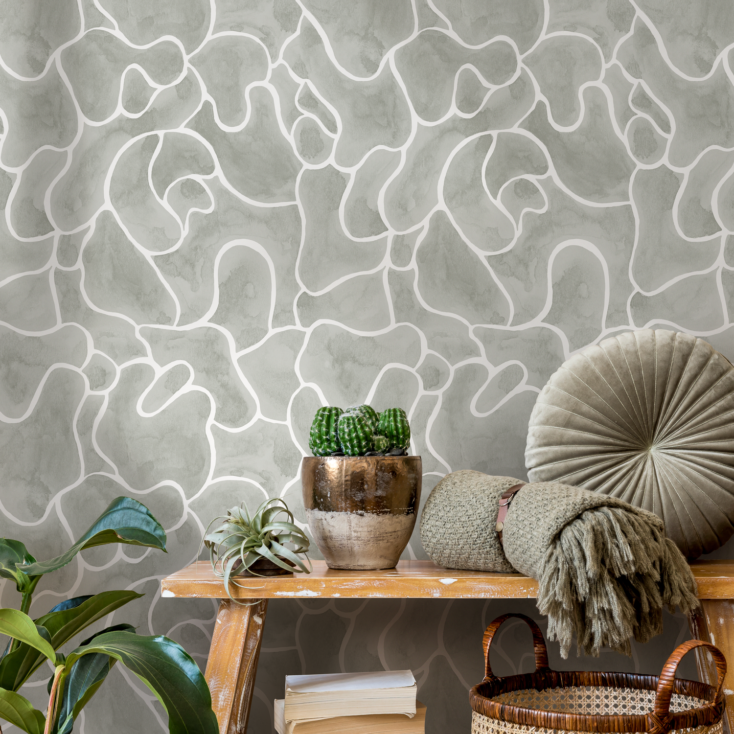 Abstract Wallpaper with Organic Fluid Lines in Sage Gray and White - C942