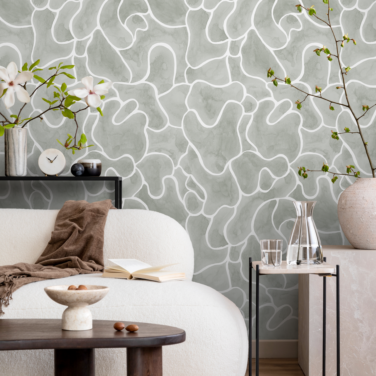 Abstract Wallpaper with Organic Fluid Lines in Sage Gray and White - C942