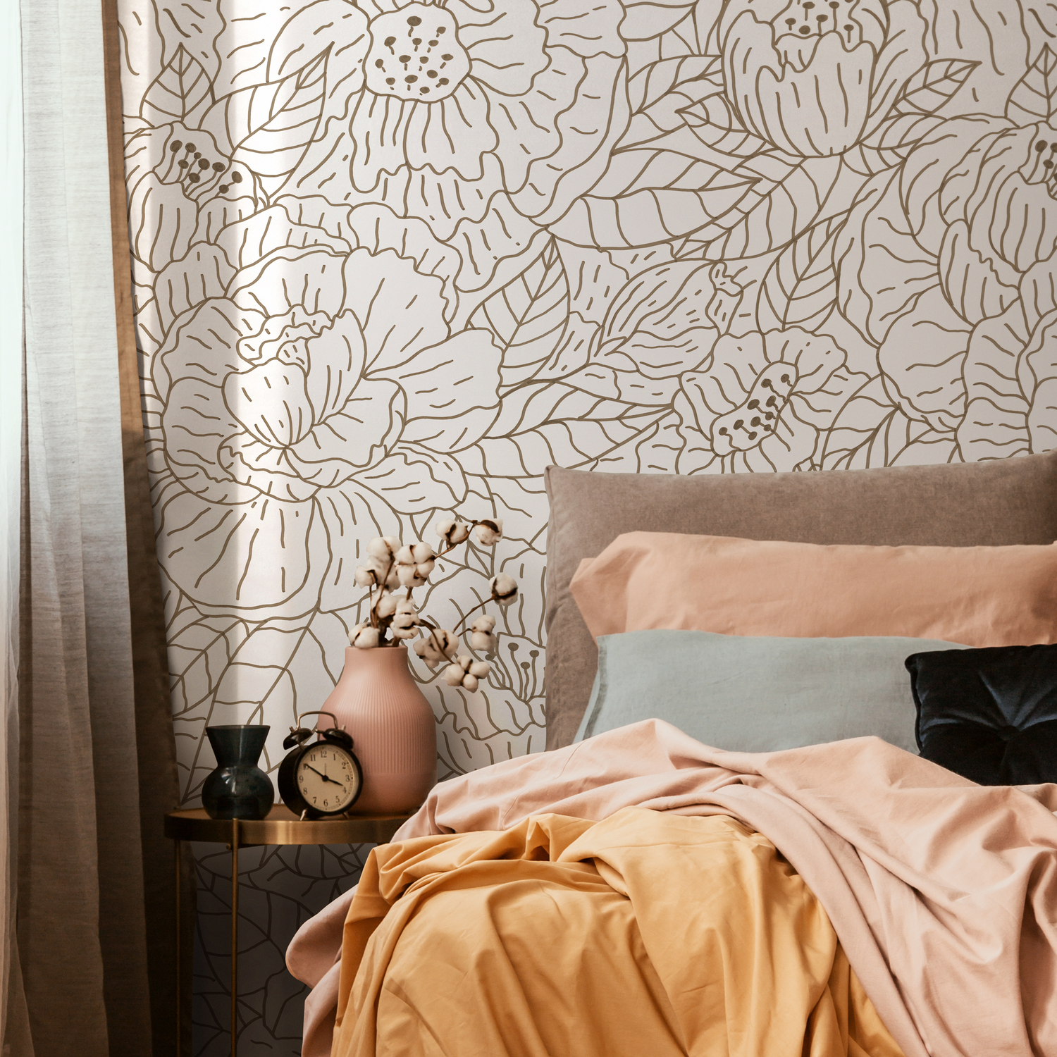 Floral Wallpaper with a Hand-Drawn Line Art Motif in Brown - C944
