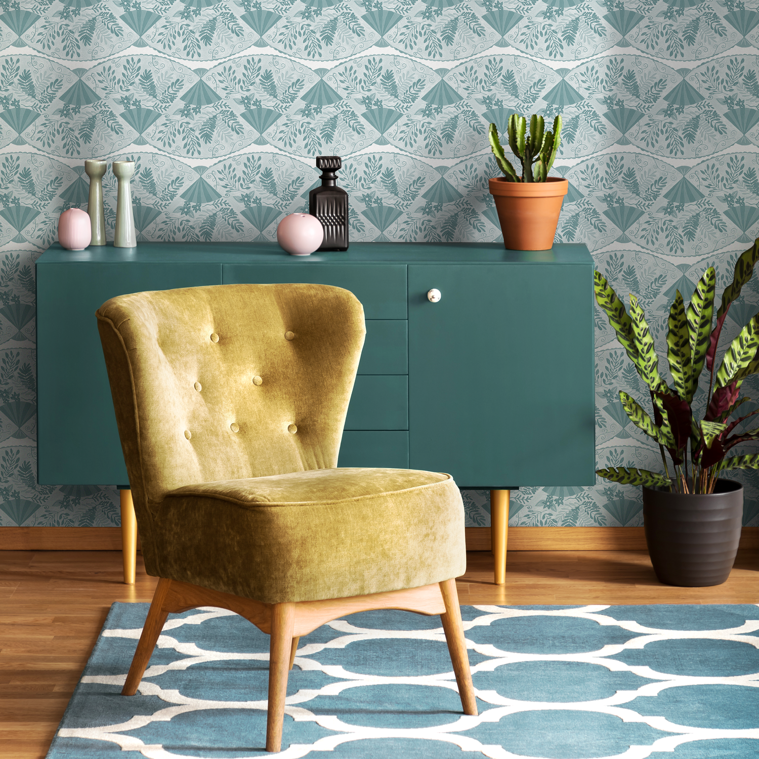 Art Deco Wallpaper with a Floral Fan Motif in Light Blue and White - C946