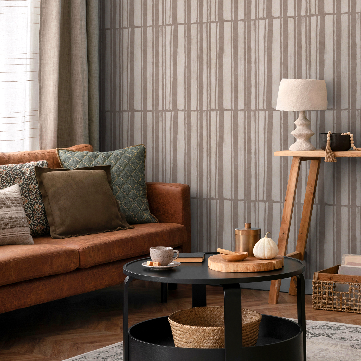 Abstract Wallpaper with Hand-Drawn Vertical Stripes in Beige and Taupe - C949