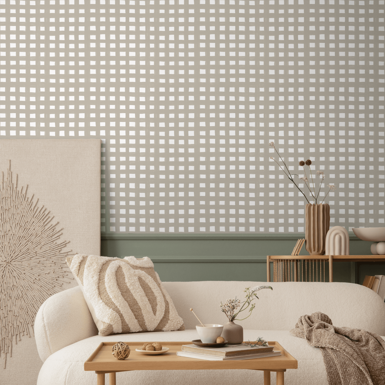 Papier peint vichy beige bohème / Papier peint autocollant amovible Décoration d'intérieur Art mural Décoration murale Décoration de chambre - C952