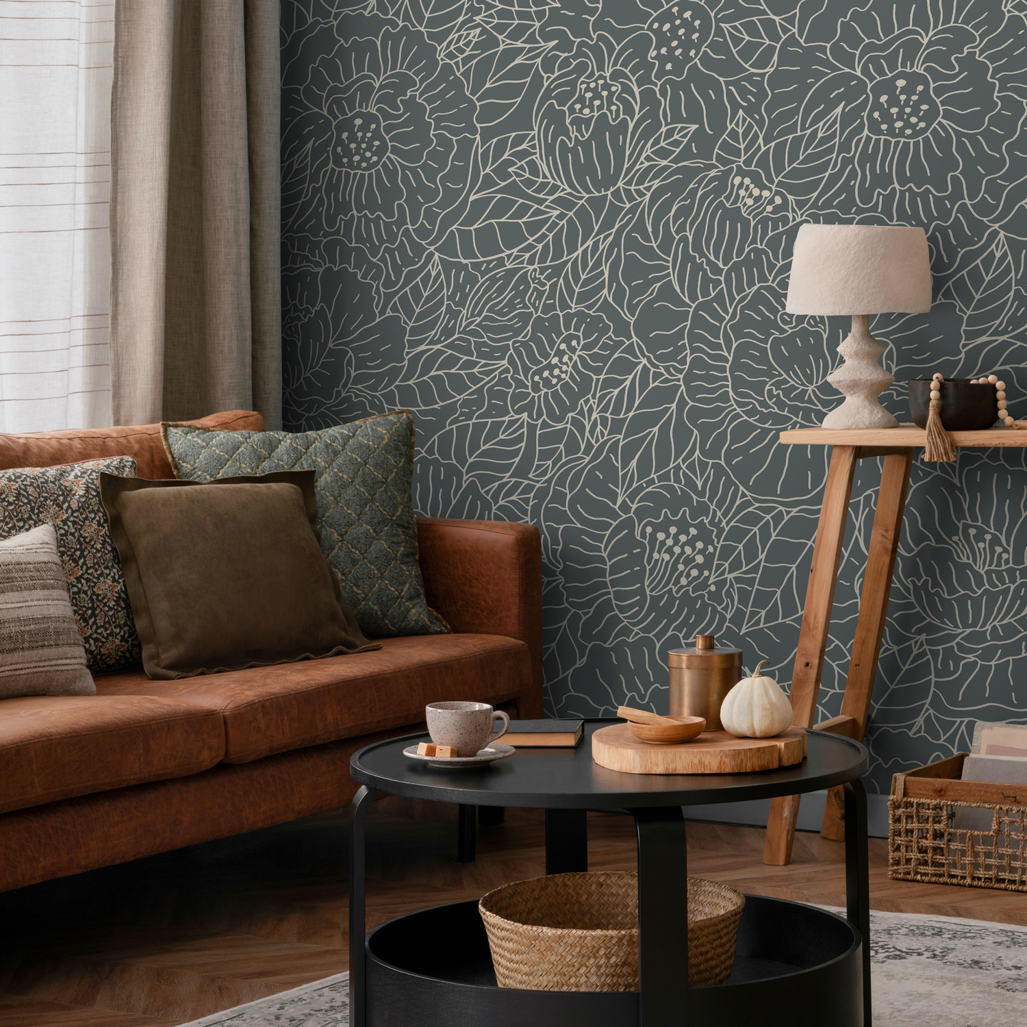 Floral Wallpaper with Line Art Blooms in Slate Green and Beige - C954