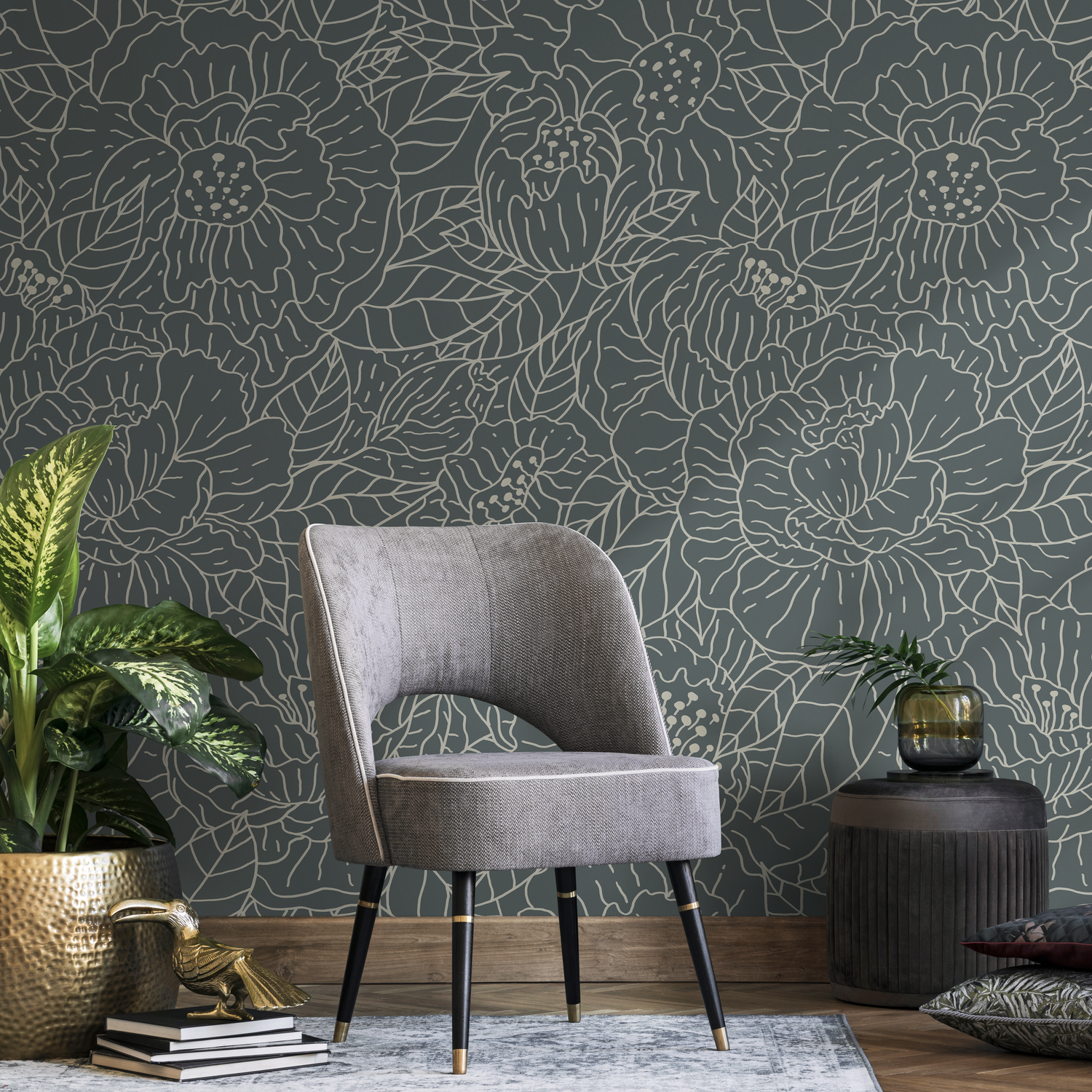 Floral Wallpaper with Line Art Blooms in Slate Green and Beige - C954