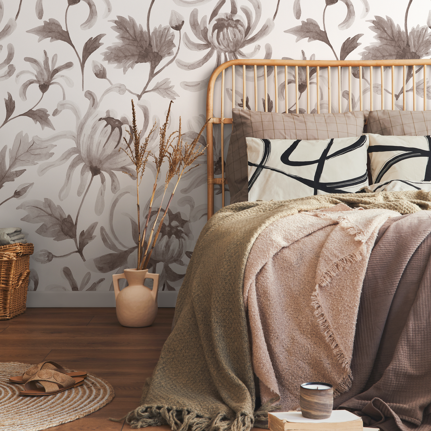 Vintage Floral Wallpaper with Chrysanthemums in Gray and Taupe - C955