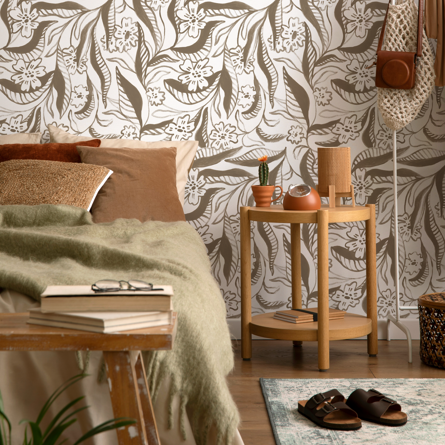 Papel pintado de acuarela con diseño floral beige/papel pintado autoadhesivo/papel pintado extraíble/decoración del hogar/arte de pared/decoración de habitación - C959