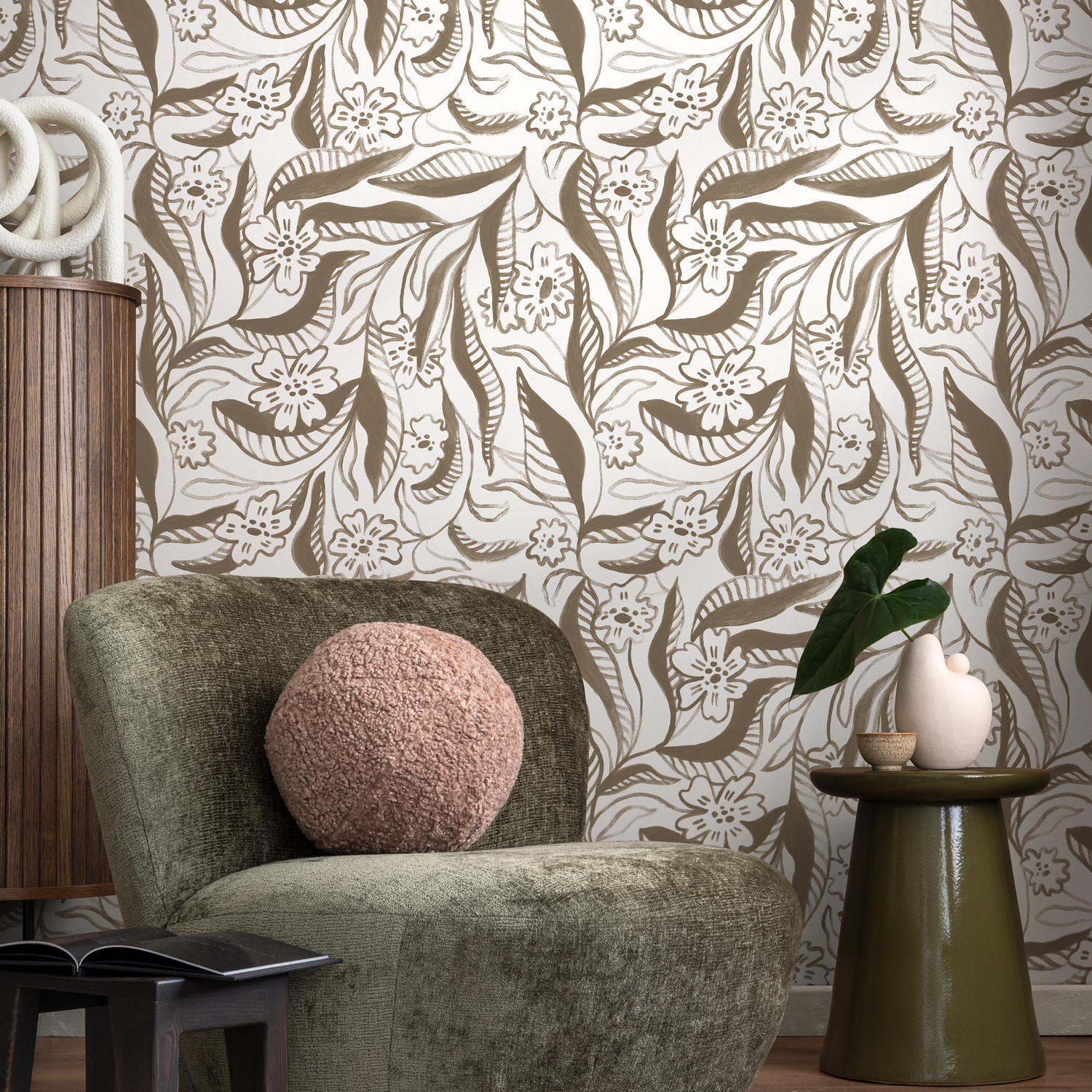 Papel pintado de acuarela con diseño floral beige/papel pintado autoadhesivo/papel pintado extraíble/decoración del hogar/arte de pared/decoración de habitación - C959