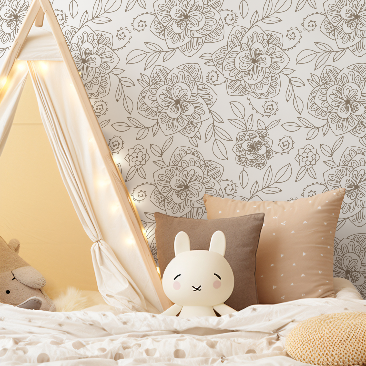 Boho Wallpaper with a Delicate Floral Line Art in Beige - C962